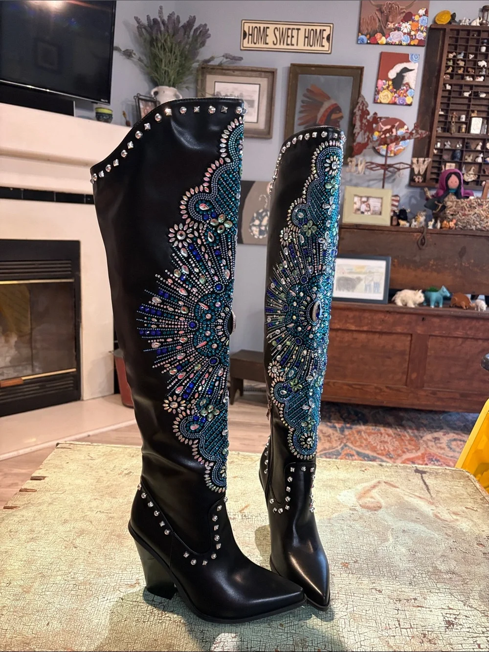 Azalea Wang Axelbeat Black Rhinestone Western OTK Boots Size 8.5